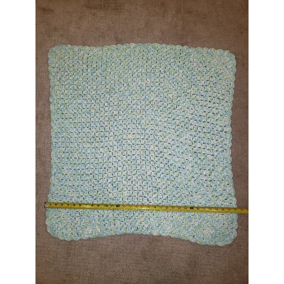 Beautiful Hand Crocheted Blue/Green/White Baby Blanket- 31" x 32" - Picture 4 of 8